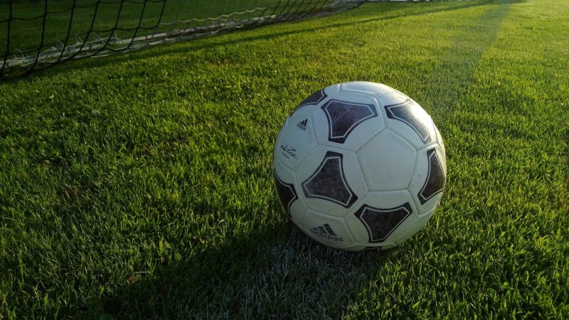 A football near a goal in the afternoon