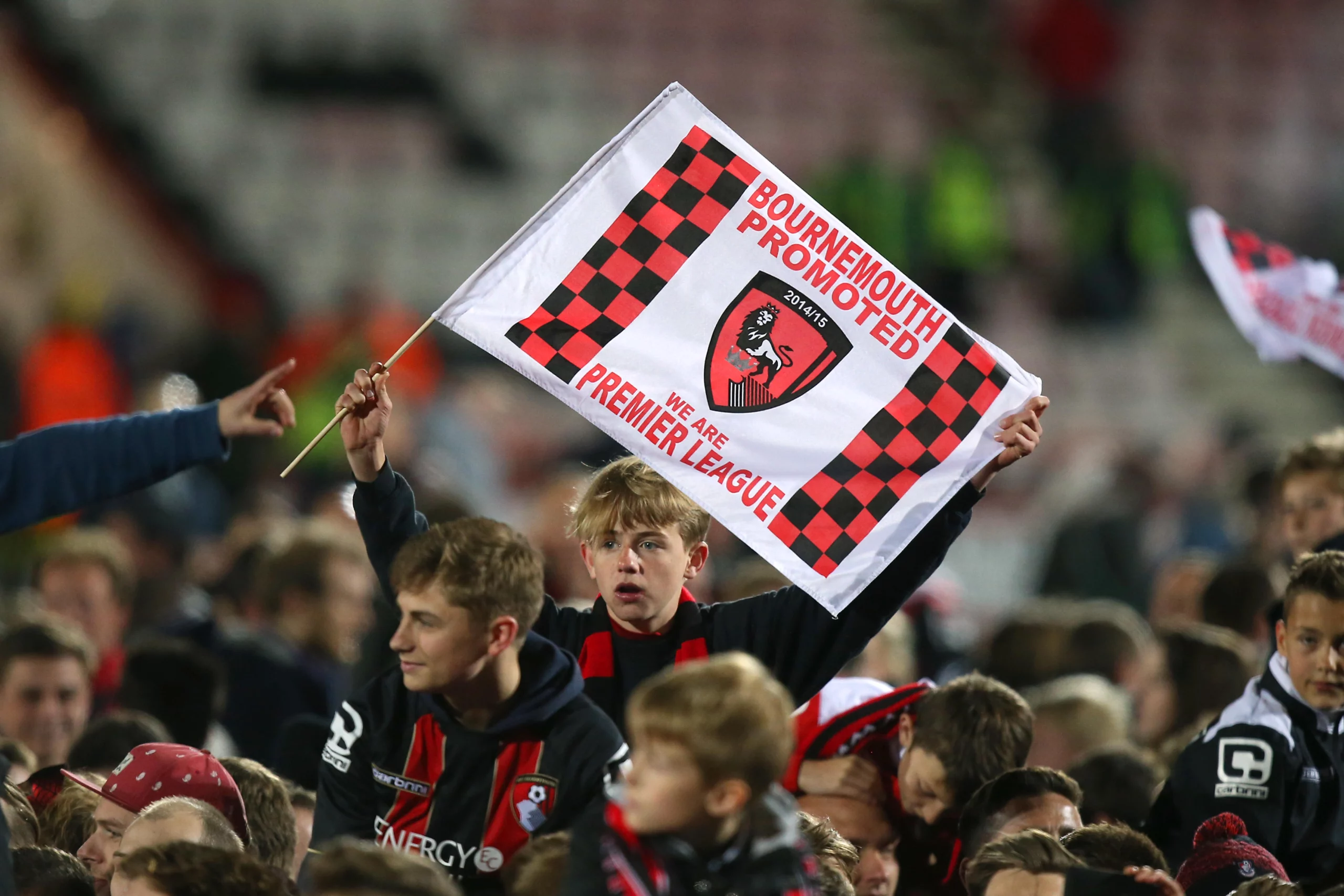 Bournemouth fans celebrating in the stands with a club's flag.