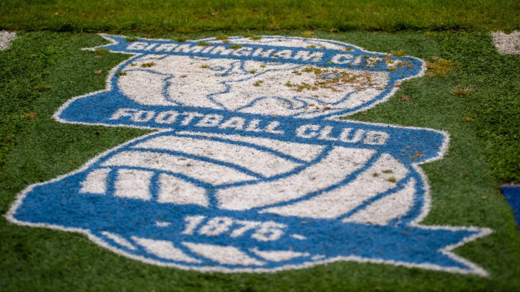 Birmingham City emblem on pitch at St Andrews home of Birmingham City FC