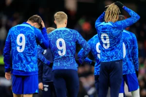 Chelsea players all wearing number 9 shirts during the warm up