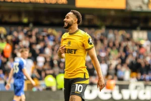 Matheus Cunha (10 Wolves) celebrates scoring during the Premier League football match